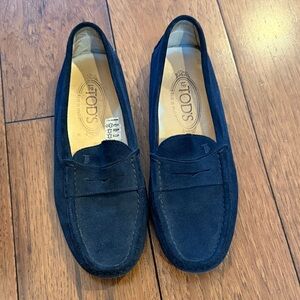 TOD'S Navy Blue Suede Penny Loafers
